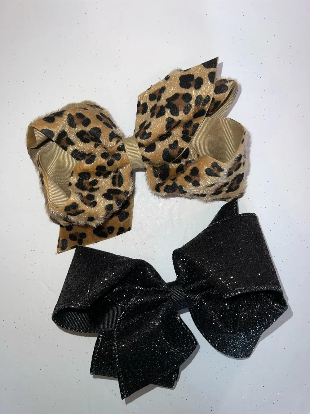 Wee Ones Kids King Size Leopard Print and Black Glitter Hair Bows​